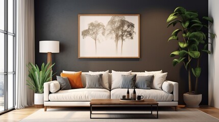 Fototapeta na wymiar home interior showflat room mock up beautiful contemporary sofa with decorative poster on the wall background daylight house beautiful concept,ai generate