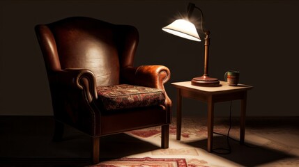old retro leather cushion armchair sofa with old wooden classic style side table and reading lamp dramatic lamp home interior design,generative ai