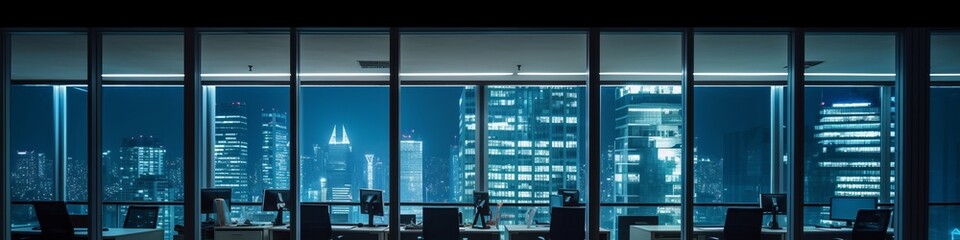 night time office space with row of working office table and work station unit modern interior office design,Generative AI