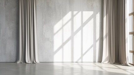 home design ideas mock up creative background white concrete wall with beige curtain hanging on the wall with sun light make shade from shadow frame house beautiful,generative ai