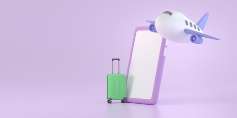 Mobile online travel booking service Suitcase, smartphones, and plane.  Business travel, vacation travel. 3D illustration.