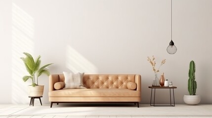home interior design mock up room concept brown sofa couch with white clean wall backdrop living room in daylight house beautiful,generative ai