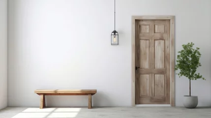 Fotobehang Oude deur beautiful wooden door with old wood bench white background wall home interior design concept,generative ai