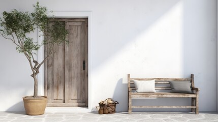 beautiful wooden door with old wood bench white background wall home interior design concept,generative ai