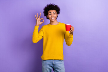 Portrait of satisfied good mood guy wear stylish yellow pullover showing okey hold cup of coffee isolated on violet color background