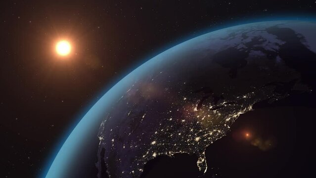 Animation of beautiful sunrise, satellite view from space. Earth at night rotating in outer space. 360 degree spinning night Earth. Elements of this video furnished by NASA.