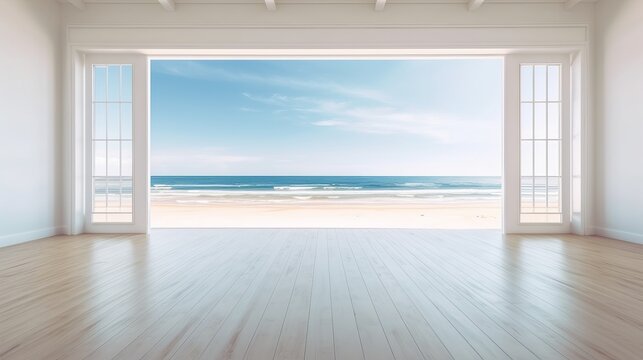 Fototapeta beautiful home interior space with black living room wooden floor with ocean seaside blue sky sea sand beach summer freshness travel season window view house design tropical style,generative ai