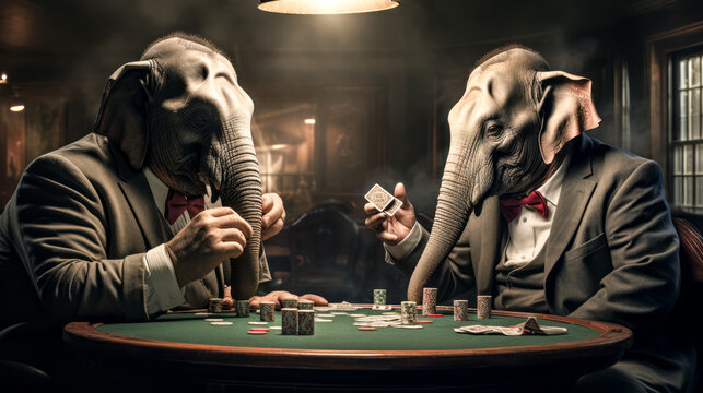 He watched the elephant and donkey play poker with amused curiosity.