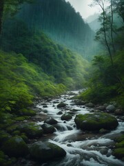 Mountain Stream in Deep Forest Generative AI