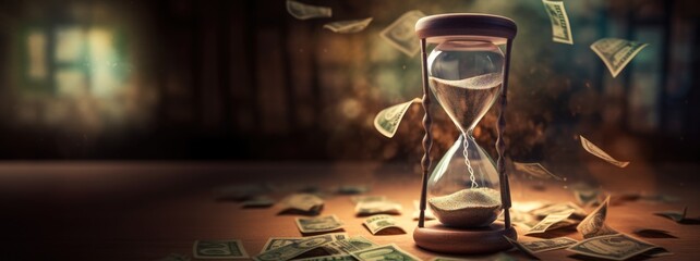 Sand clock with flying money on background. Time is money concept