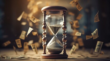 Sand clock with flying money on background. Time is money concept