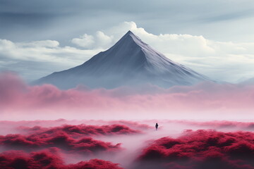 Fototapeta premium Surreales Bild eines Berges mit rosa blühender Umgebung, AI generiert