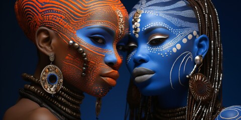 two tribal women side by side in blue and orange, black women with traditional african headdress, fictional persons created with generative ai