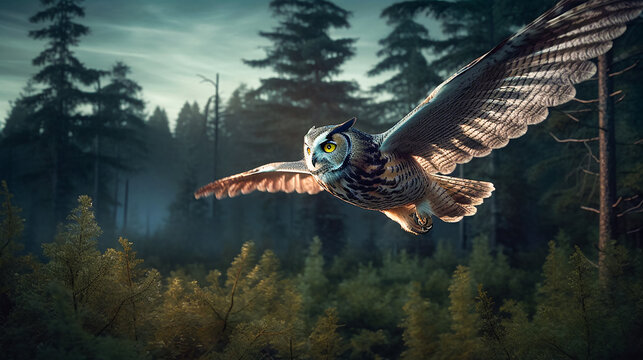 An owl in mid-flight, with a backdrop of trees in a majestic nature forest landscape.