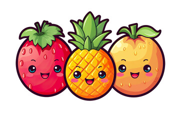 Kawaii beautiful fruits sticker image, in the style of kawaii art, meme art, isolated white background PNG