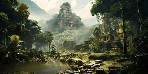 Fotobehang Bedehuis ancient and overgrown mayan temple ruins in the jungle, lost place in the amazon rainforest, fictional landscape created with generative ai