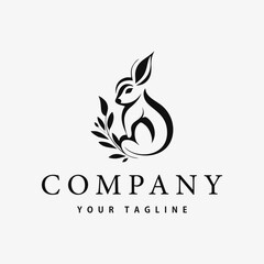 Rabbit logo with leaf, natural impression, isolated white background, vintage simple design template vector illustration