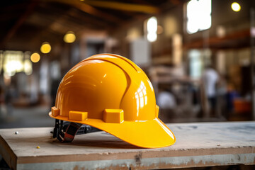 A hard hat for construction site safety on a wooden workbench