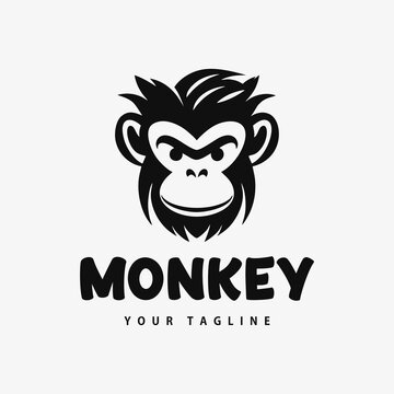 Monkey logo, monkey head smiling face, black and white, vector vintage simple design isolated template vector illustration
