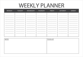 Clear and simple printable Weekly Planner. Minimalist planner template. Weekly Schedule, Weekly Agenda, Weekly Overview, Weekly Tasks, Weekly Organizer. Business organizer page vector illustration