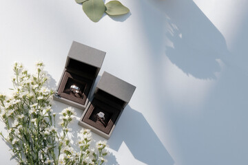 The wedding rings are in boxes on a corner of a white table, decorated with dried flowers, basking...