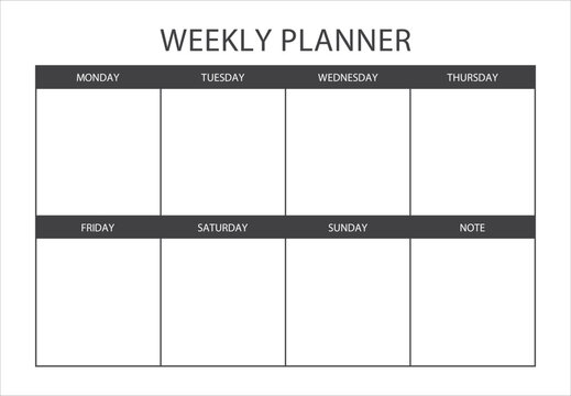 Clear and simple printable Weekly Planner. Minimalist Weekly planner template. Blank white notebook page isolated. Business organizer page. Paper sheet. Realistic vector illustration