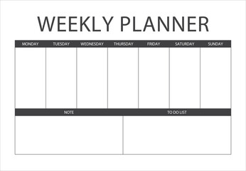 Clear and simple printable weekly planner, Minimalist Weekly organizer template. to do list, notes. Blank white notebook page isolated. Business organizer page. Paper sheet. vector illustration - obrazy, fototapety, plakaty