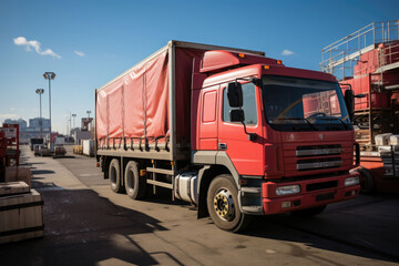 Red cargo truck on the port 