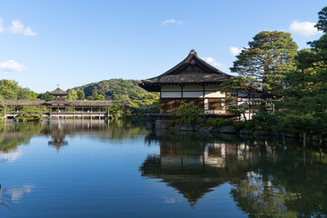 Fototapeta premium Japanese garden Seiho-ike pond at east Shin-en garden of Heian-jingu temple religious shrine in Kyoto Japan seen on a luxury holiday as a tourist