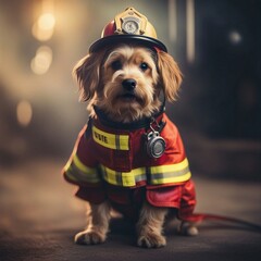 cute dog in firefighter uniform