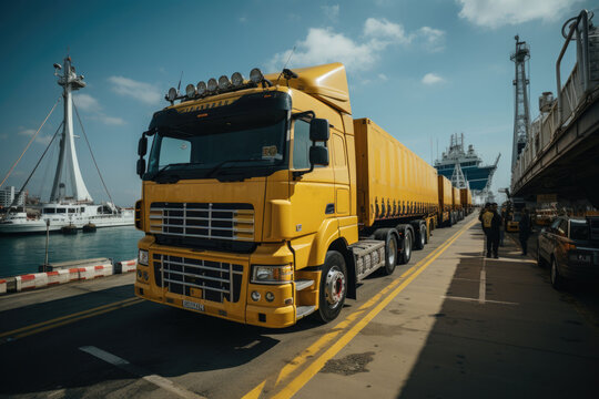 Cargo trucks transfer cargo at the port.