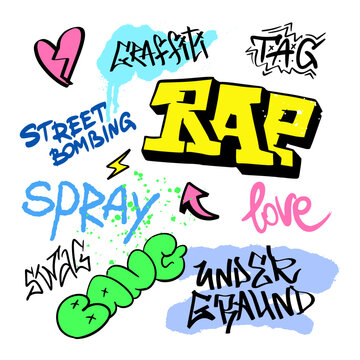 Street RAP graffiti lettering elements in the grunge style with tags, drips and blobs. Urban savage spray paint art. Set creative vector design teenage graffiti cartoon for tee t shirt or sweatshirt.