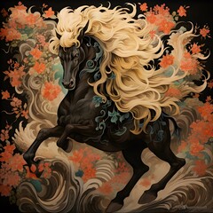 Black horse in the dark in Japanese art ink drawing