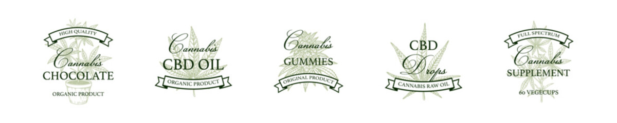 Set of cannabis store and products vintage logo template with hand drawn elements. Vector illustration in sketch style. Design for branding and product packaging