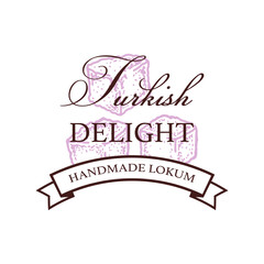 Turkish delight logo template. Vector illustration in sketch style. Design for branding and packaging. Eastern sweet. Asian culture