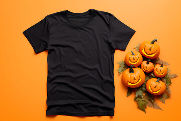 Black womens t-shirt halloween mockup with pumpkins and leaves on orange background. Design t shirt template, print presentation mock up. Top view flat lay. Generated AI.