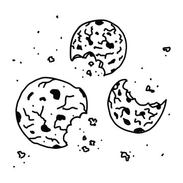 Doodle cartoon chocolate bitten cookies with crumbs illustration. Vector food image