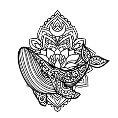 Whale mandala. Vector illustration. Adult coloring page. Whale sea animal in Zen boho style. Peaceful marine. Mystical and Spiritual art