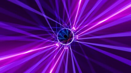 Endless flight through blue pink purple neon lights grid net cyber wire frame tunnel abstract background. 4K 3D Loop animation of travel digital tunnel.  Wire-Frame futuristic vintage style background - Powered by Adobe