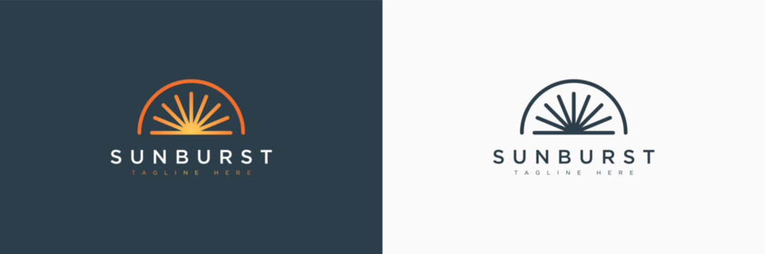 Abstract Sun Logo. Half of Sun Linear Style with Geometric Radial Rays of Sunburst isolated on Dual Background. Flat Vector Logo Design Template Element for Business and Nature Logos. 