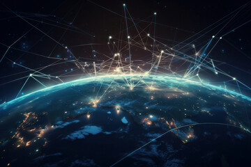 A network of connected nodes superimposed on a world map. This abstract representation of global communication is perfect for technology or business projects. Is AI Generative.