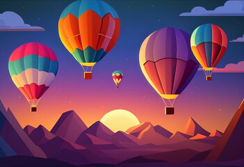 Hot air balloons flying in dusk sky background generative ai