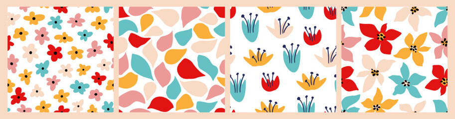 Abstract Bright Flower Ditsy, Tulip Seamless Pattern Set. Colorful Organic Floral Shapes Roses Petals Print. Vector Illustration. Trendy Bold Daisy Pattern for Wallpaper, Wrapping Paper, Packaging.