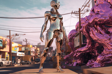 Crome robot woman standing in the desert. Artificial intelligence rise and shiny. Mechanical beauty. Generated AI.