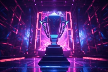 eSports Championship Trophy on Stage with Neon Lights Generative AI