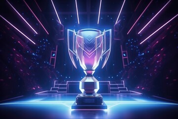 eSports Championship Trophy on Stage with Neon Lights generative AI