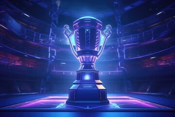 eSports Championship Trophy on Stage with Neon Lights generative AI - obrazy, fototapety, plakaty