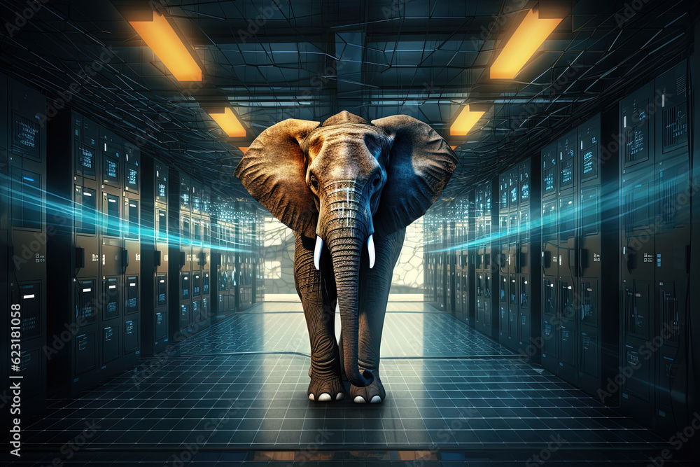 Aufkleber elephant in the server room. concept of the big data and digital fragility. generated ai.