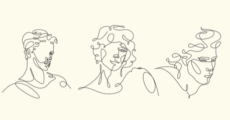 Men line art vector. Continuous one line drawing of man portrait. Muscular man body, Hairstyle. Fashionable men's style.	