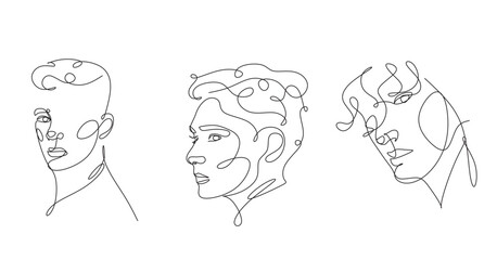 Men line art vector. Continuous one line drawing of man portrait. Muscular man body, Hairstyle. Fashionable men's style.	